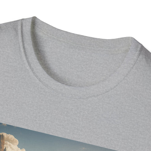 Charcoal crew neck t-shirt featuring surreal landscape art with floating islands