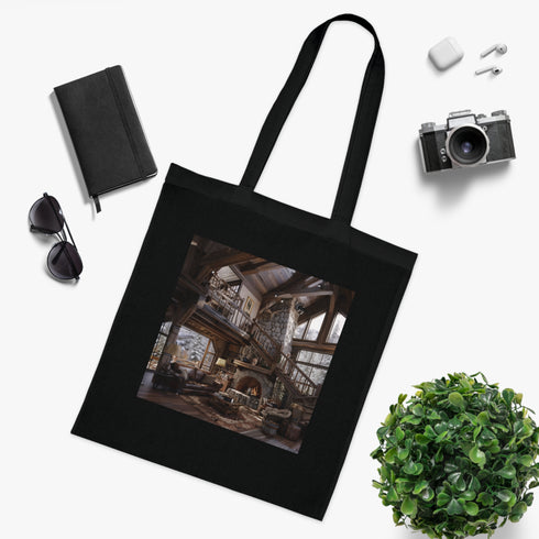 Mountain Retreat Tote Bag in black cotton with cozy cabin design.