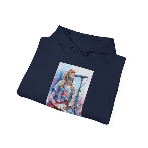 Navy concert hoodie with Taylor Swift live performance design.