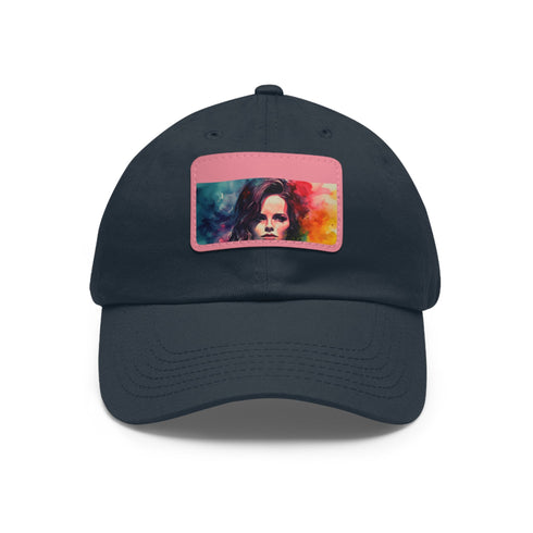 Neon watercolor baseball cap with light brown patch, rectangle shape.