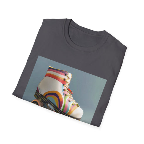 Retro roller skate themed charcoal t-shirt with vibrant stripes.