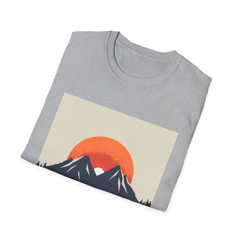 Minimalist charcoal t-shirt with sunrise mountain design in small size.