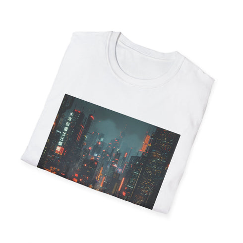 Charcoal cotton t-shirt featuring a vibrant cyberpunk neon cityscape design