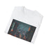 Charcoal cotton t-shirt featuring a vibrant cyberpunk neon cityscape design