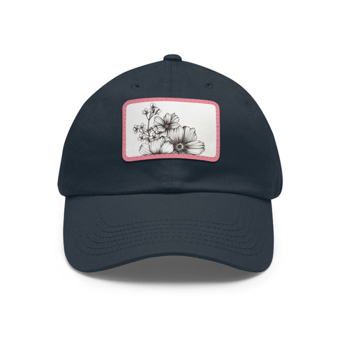 Floral HandDrawn White Baseball Cap with Light Brown Patch Unisex