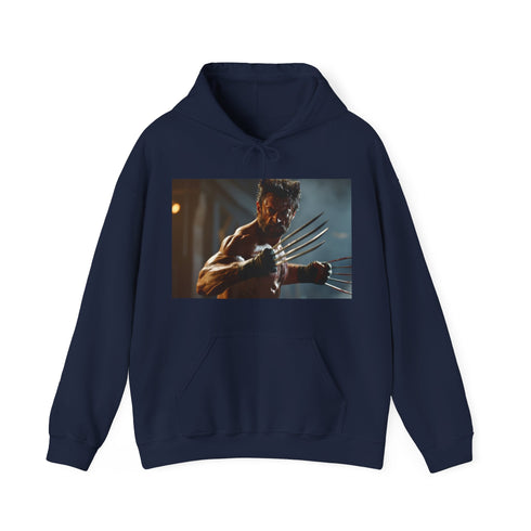Navy Wolverine Claws Hoodie with Hugh Jackman graphic.