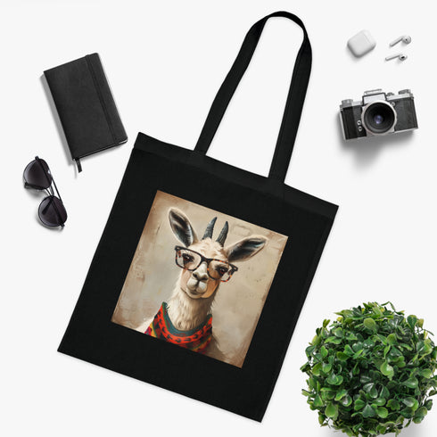 Stylish black cotton llama tote bag with cool glasses design.