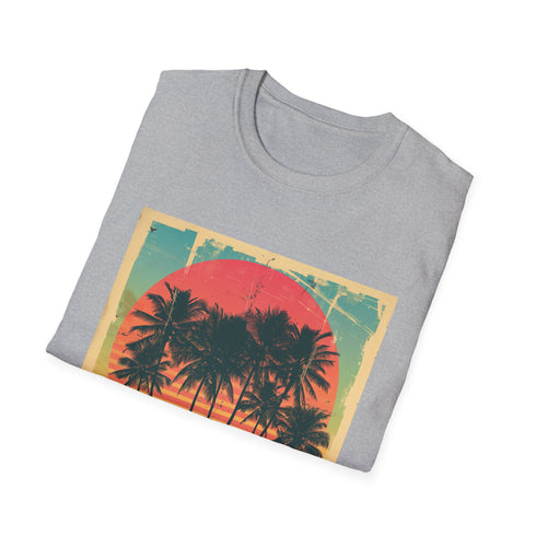 Palm Paradise retro sunset escape t-shirt in charcoal, size small.