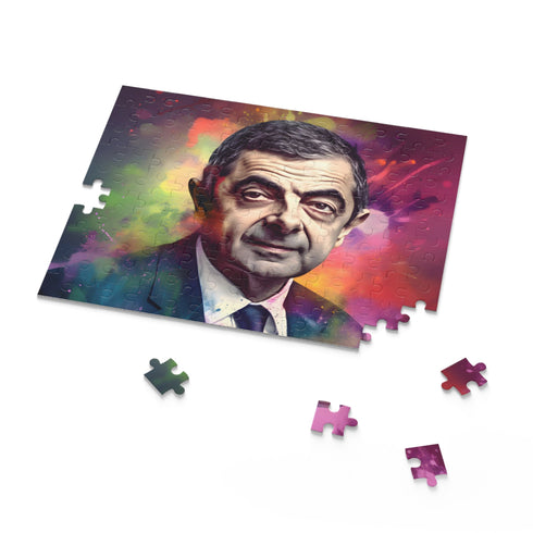 Vibrant neon Rowan Atkinson watercolor puzzle, perfect for fans and puzzlers.
