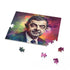 Vibrant neon Rowan Atkinson watercolor puzzle, perfect for fans and puzzlers.
