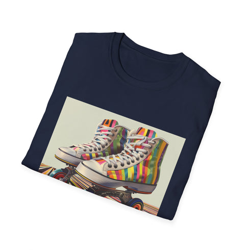 Retro roller skate design charcoal t-shirt, soft and vibrant stripes.