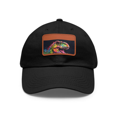 Neon dinosaur watercolor print baseball cap, white with light brown patch.