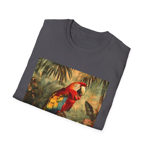 Charcoal cotton t-shirt featuring vibrant parrot in lush tropical design