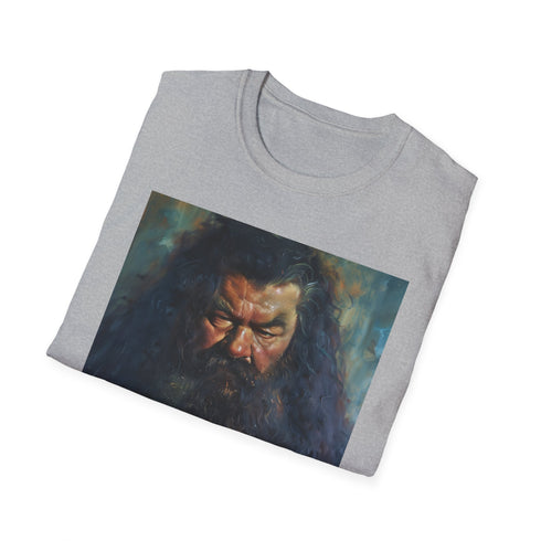 Charcoal cotton crew neck T-shirt featuring vibrant Rubeus Hagrid painting