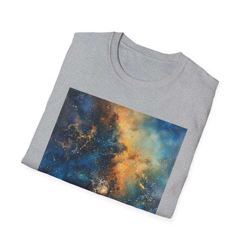 Charcoal cotton galaxy painting t-shirt with vibrant celestial design