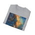 Charcoal cotton galaxy painting t-shirt with vibrant celestial design