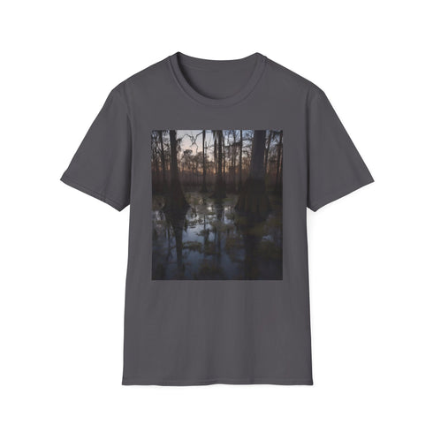 Charcoal cotton T-shirt depicting twilight cypress swamp with mystical allure
