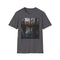 Charcoal cotton T-shirt depicting twilight cypress swamp with mystical allure