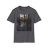 Charcoal cotton T-shirt depicting twilight cypress swamp with mystical allure
