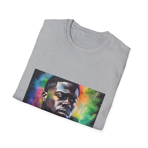 Vibrant charcoal crew neck T-shirt with neon watercolor comedic genius design