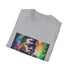 Vibrant charcoal crew neck T-shirt with neon watercolor comedic genius design