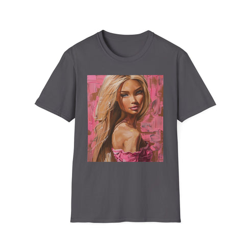 Charcoal crew neck cotton T-shirt featuring vibrant Barbie portrait design