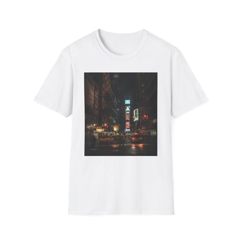 Charcoal cotton t-shirt with city skyline design evokes New York nightlife ambiance