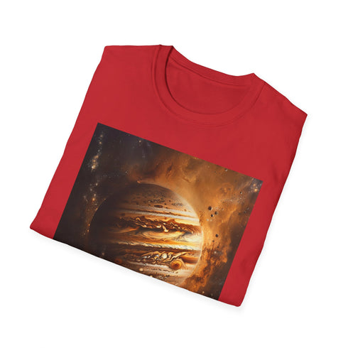 Charcoal cotton t-shirt featuring a vibrant Jupiter painting with a vivid celestial design