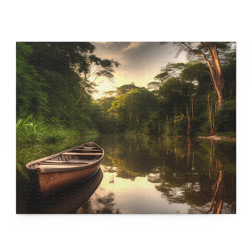 Vibrant Amazon River Adventure Jigsaw Puzzle with lush rainforest imagery pieced together.
