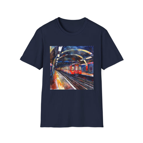 Charcoal cotton t-shirt with vibrant watercolor depiction of London Underground