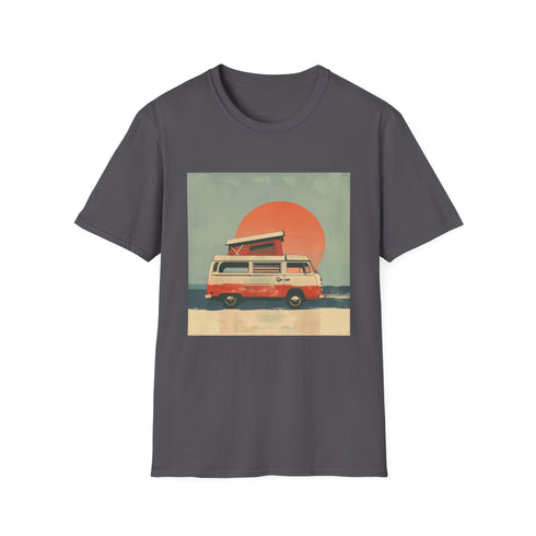 Charcoal cotton T-shirt with retro camper van sunset graphic