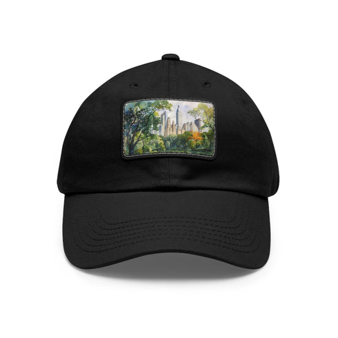 Central Park skyline watercolor baseball cap, white with light brown patch.