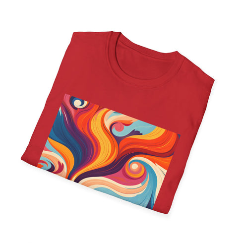 Retro 1970s vibe tee in charcoal with psychedelic pattern.
