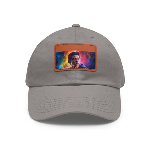 Neon watercolor Tom Holland cap, white with light brown patch, rectangular.