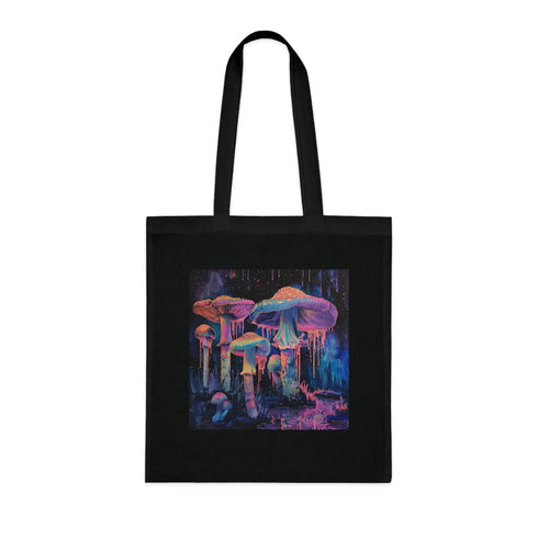 Neon Forrest Mushrooms Tote Bag in Black Cotton for Accessories.