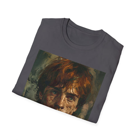 Charcoal cotton crew neck T-shirt with vibrant Ron Weasley painting
