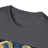 Charcoal art deco patterned cotton t-shirt with vibrant geometric shapes