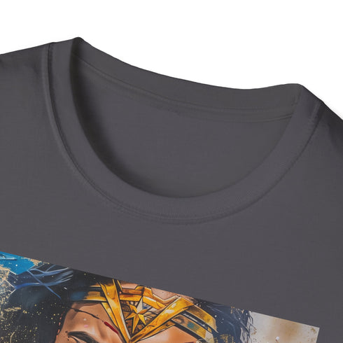 Charcoal crew neck T-shirt featuring vibrant Wonder Woman portrait in cotton
