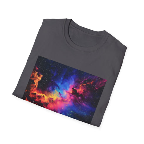 Luminous galaxy t-shirt in charcoal with vibrant neon starry design