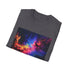 Luminous galaxy t-shirt in charcoal with vibrant neon starry design
