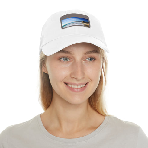 Vibrant cotton baseball cap with Malibu beach image.
