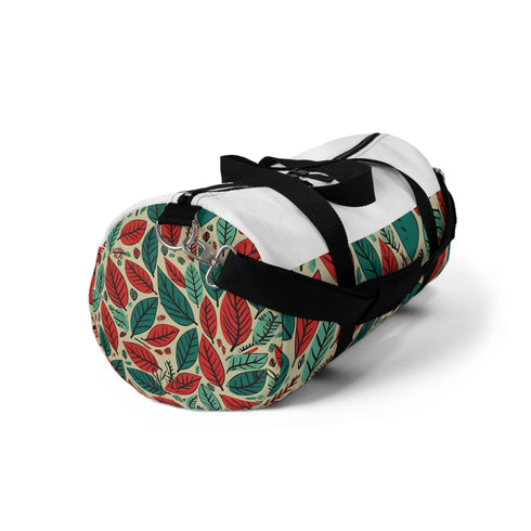 Modern green leaf print duffel bag, small size for accessories. Made in USA.