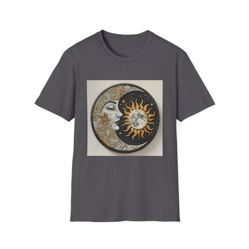 Charcoal mandala sun and moon T-shirt in soft cotton with cosmic design