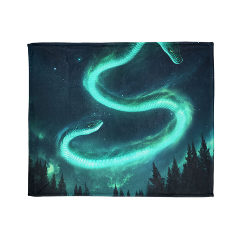 Aurora in Shape of Serpent Above Forest — Plush Fleece Throw Blanket — Draped Over Sofa & Bed Lifestyle View