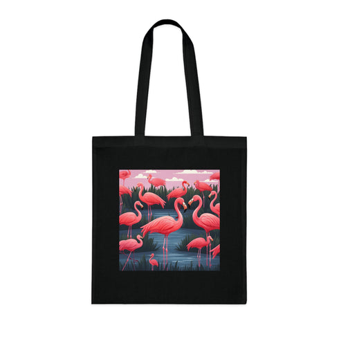Flamingo Fiesta Tote Bag, Cotton Black Tote with Playful Pink Flamingos
