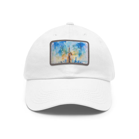 Empire State Skyline Watercolor Cap in White with Light Brown Rectangle Patch