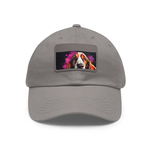 Basset Hound cap in white with light brown patch, rectangular design.