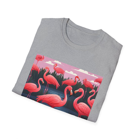Charcoal cotton t-shirt colorful flamingo pattern playful unisex summer fashion