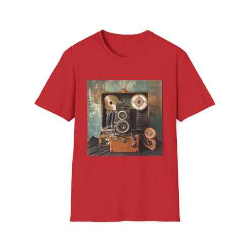 Charcoal cotton t-shirt with vintage camera and film reel design