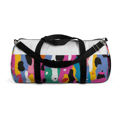 Vibrant modern abstract duffel bag in bold bright colors for travel.